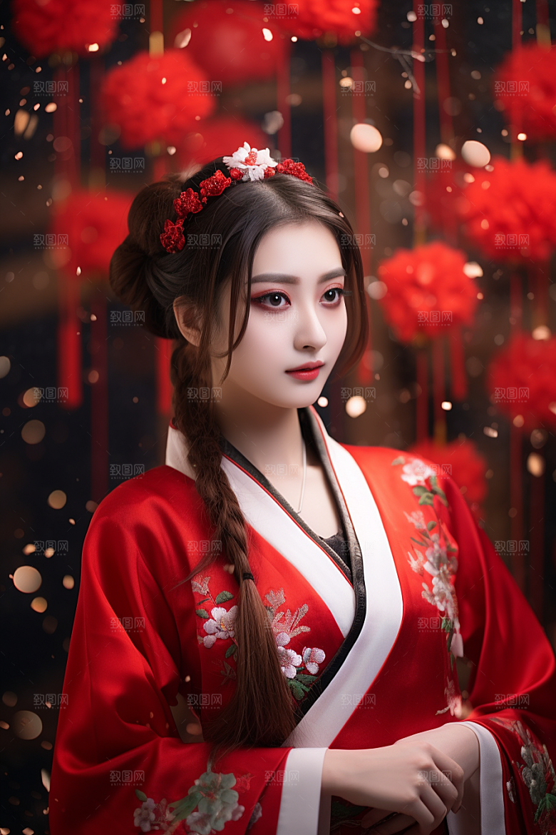 春节汉服女孩新春红色CG