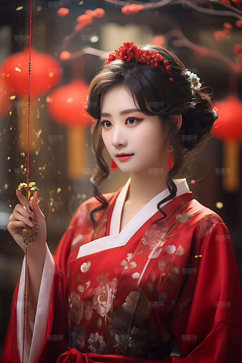 春节汉服女孩红色喜庆CG