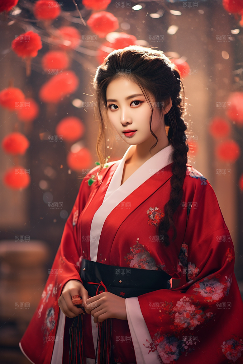 春节汉服女孩红色新春CG