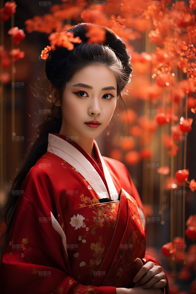 春节汉服女孩红色高清CG