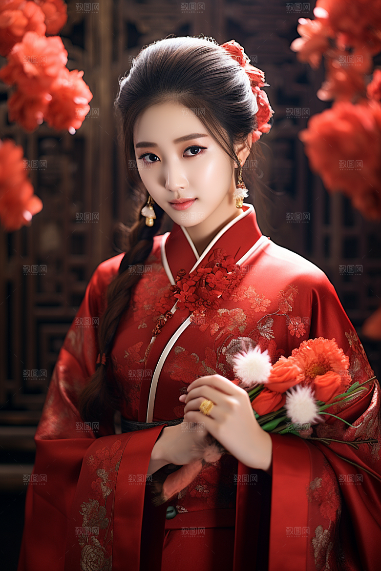 春节汉服女孩红色高清CG