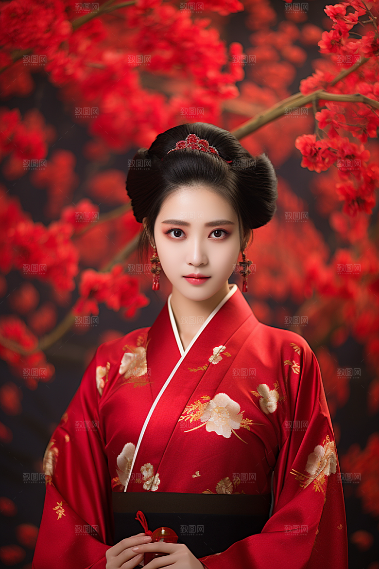 春节汉服女孩高清红色CG