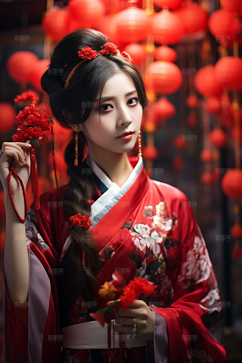 春节汉服女孩红色过年CG