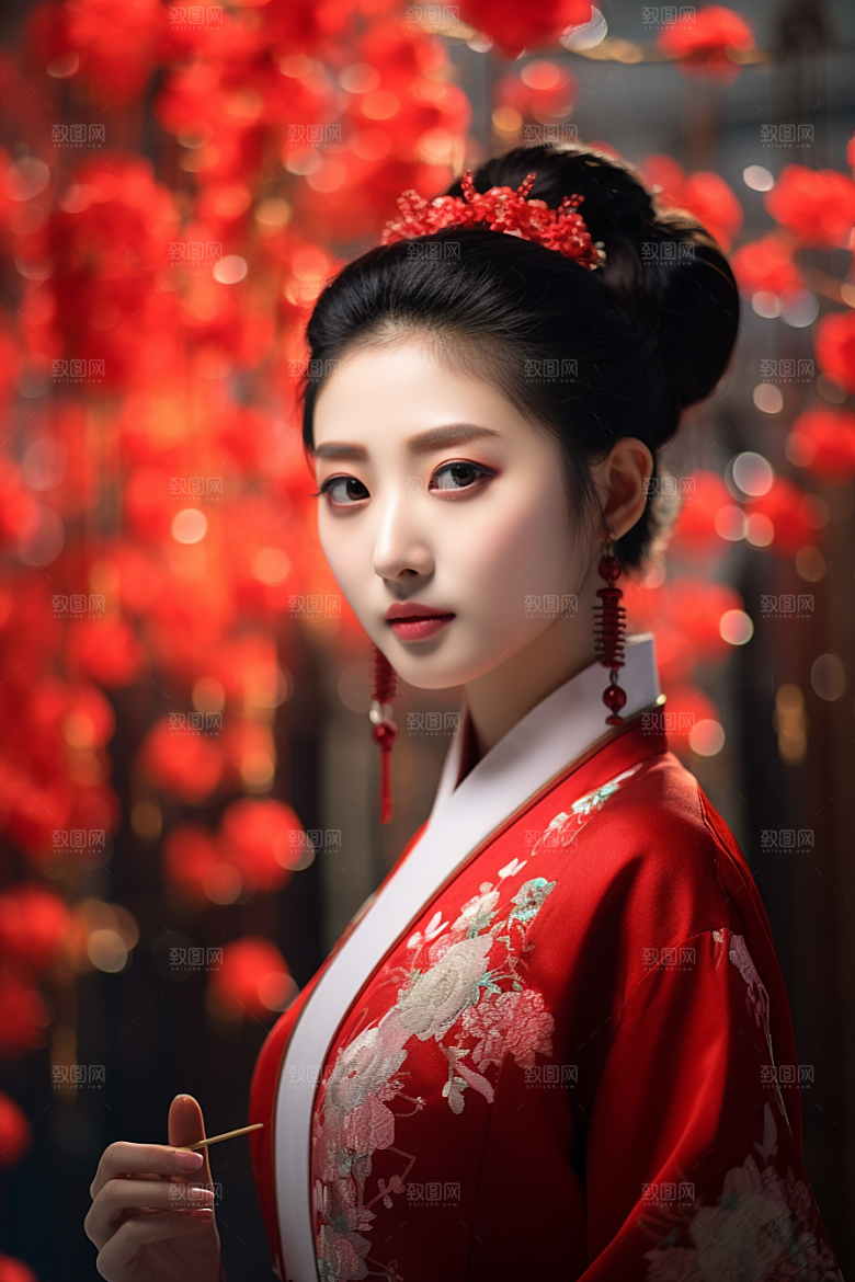 春节汉服女孩红色中国风CG