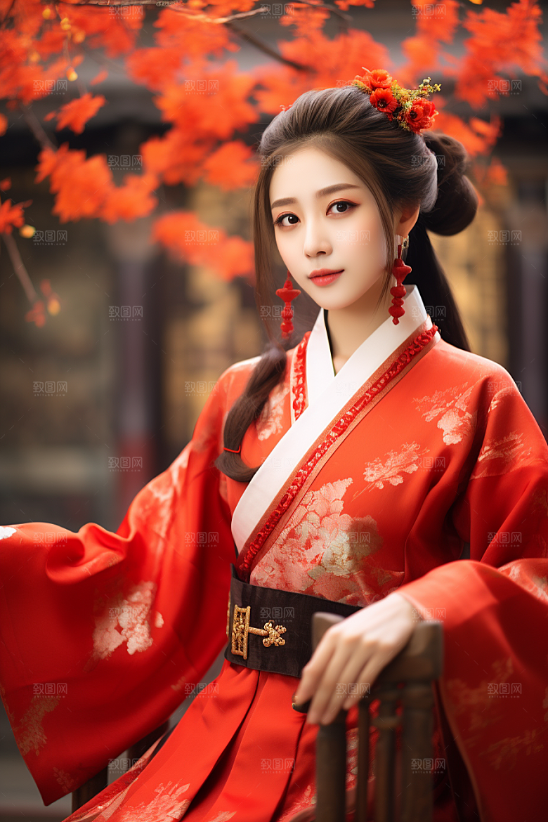 春节汉服女孩春日红色CG
