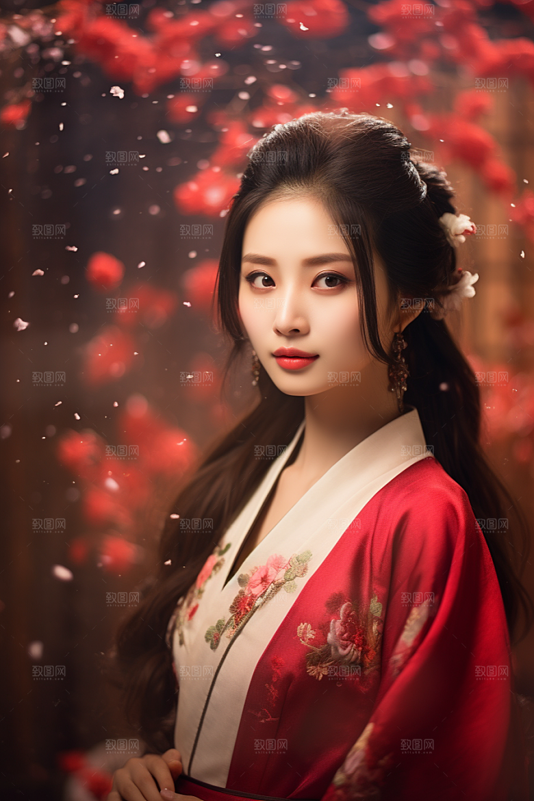 春节汉服女孩红色新春CG