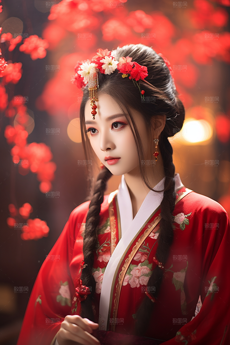 春节汉服女孩春日红色CG