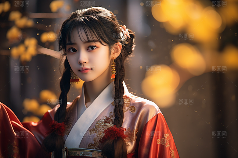 春节汉服女孩红色过年CG