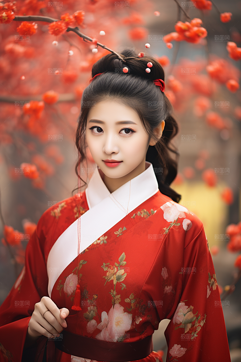 春节汉服女孩红色高清CG