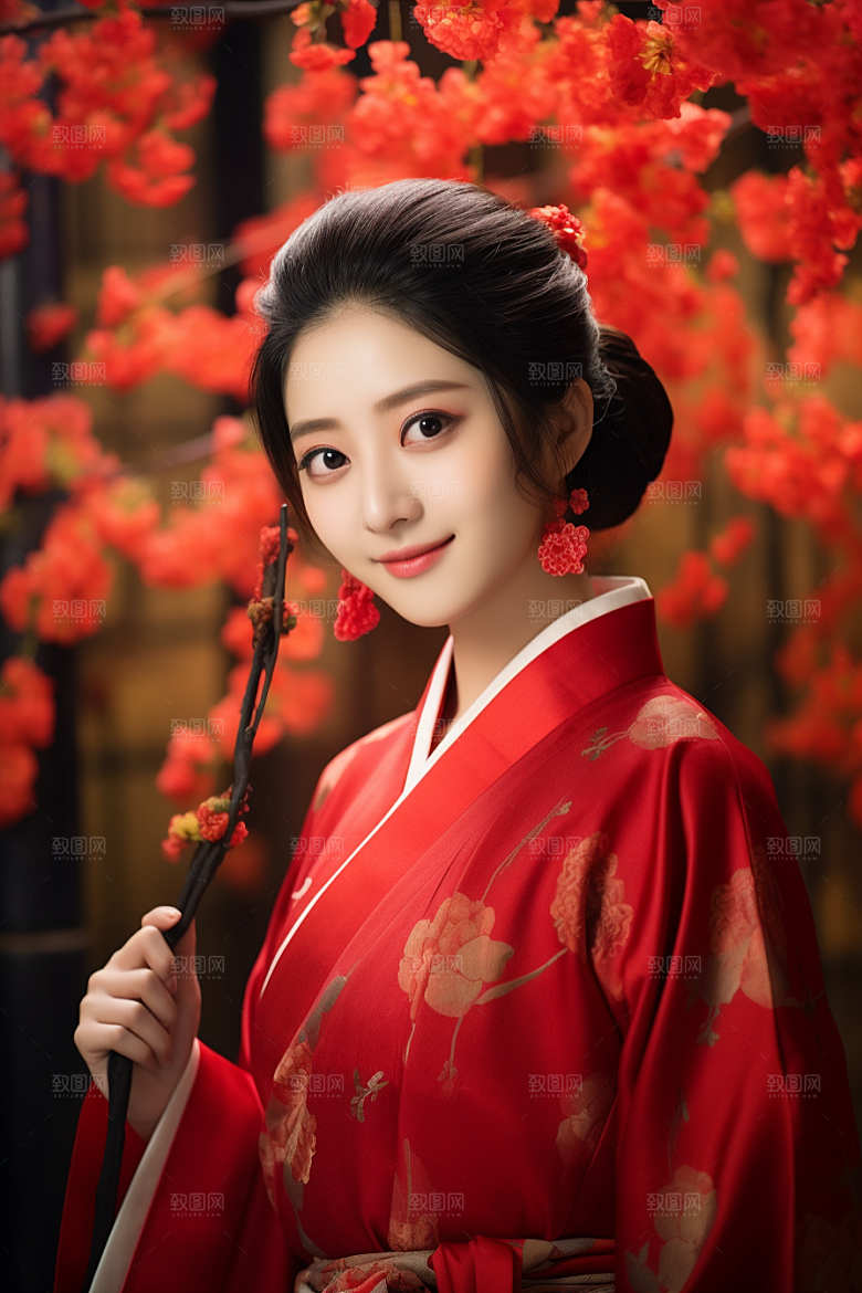 春节汉服女孩新春红色CG