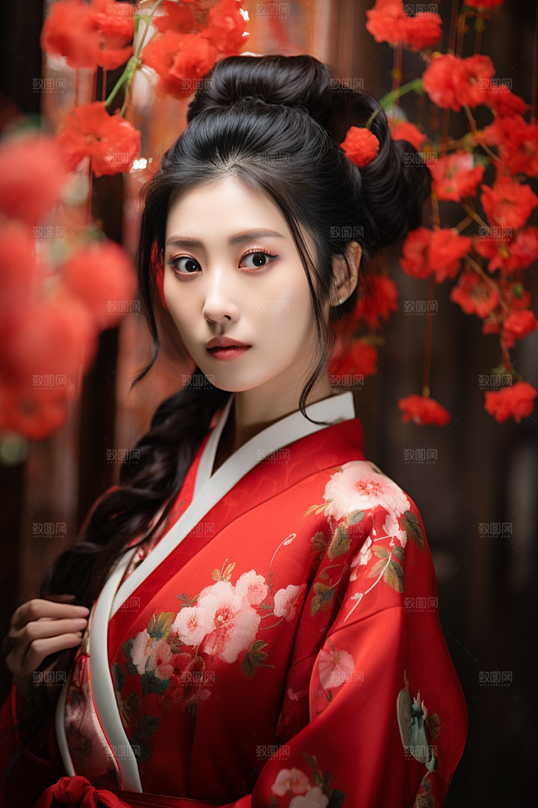 春节汉服女孩红色过年CG