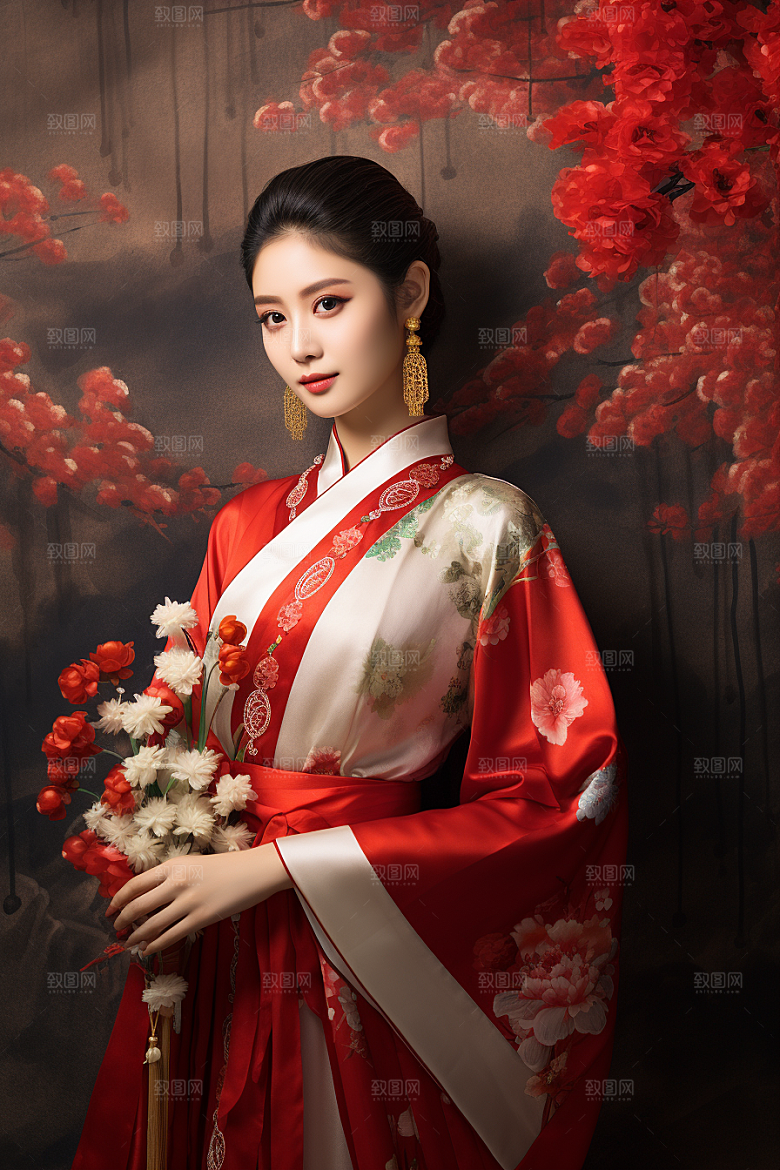 春节汉服女孩红色新春CG