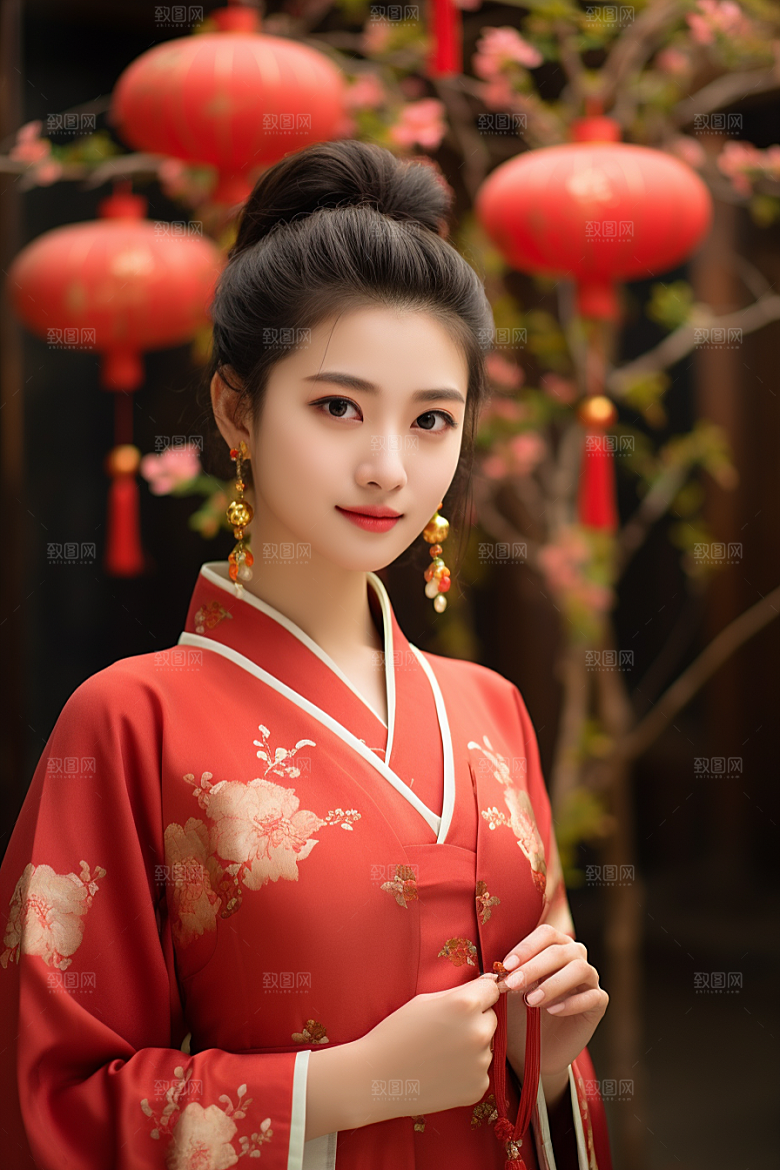 春节汉服女孩高清红色CG