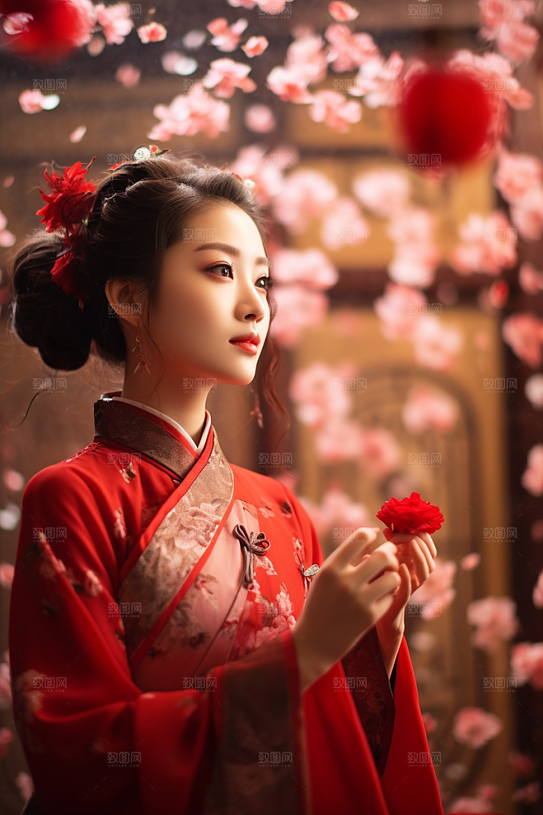 春节汉服女孩中国风红色CG
