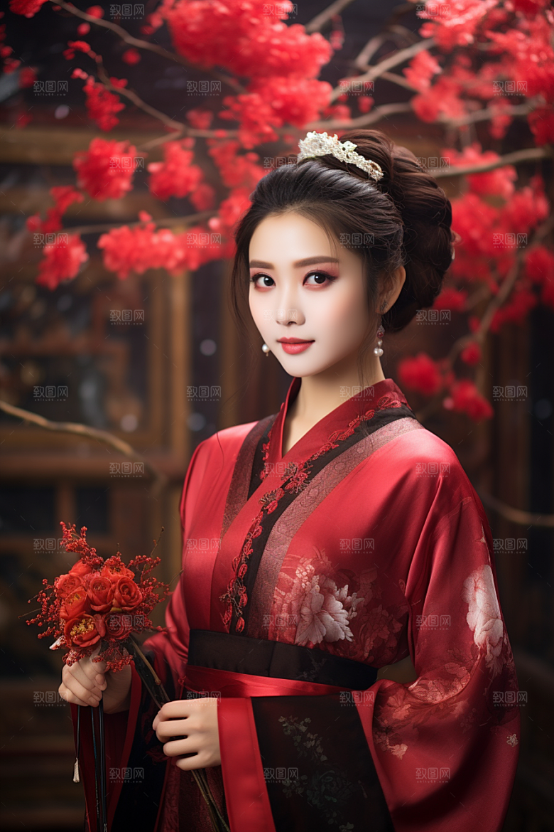 春节汉服女孩红色喜庆CG