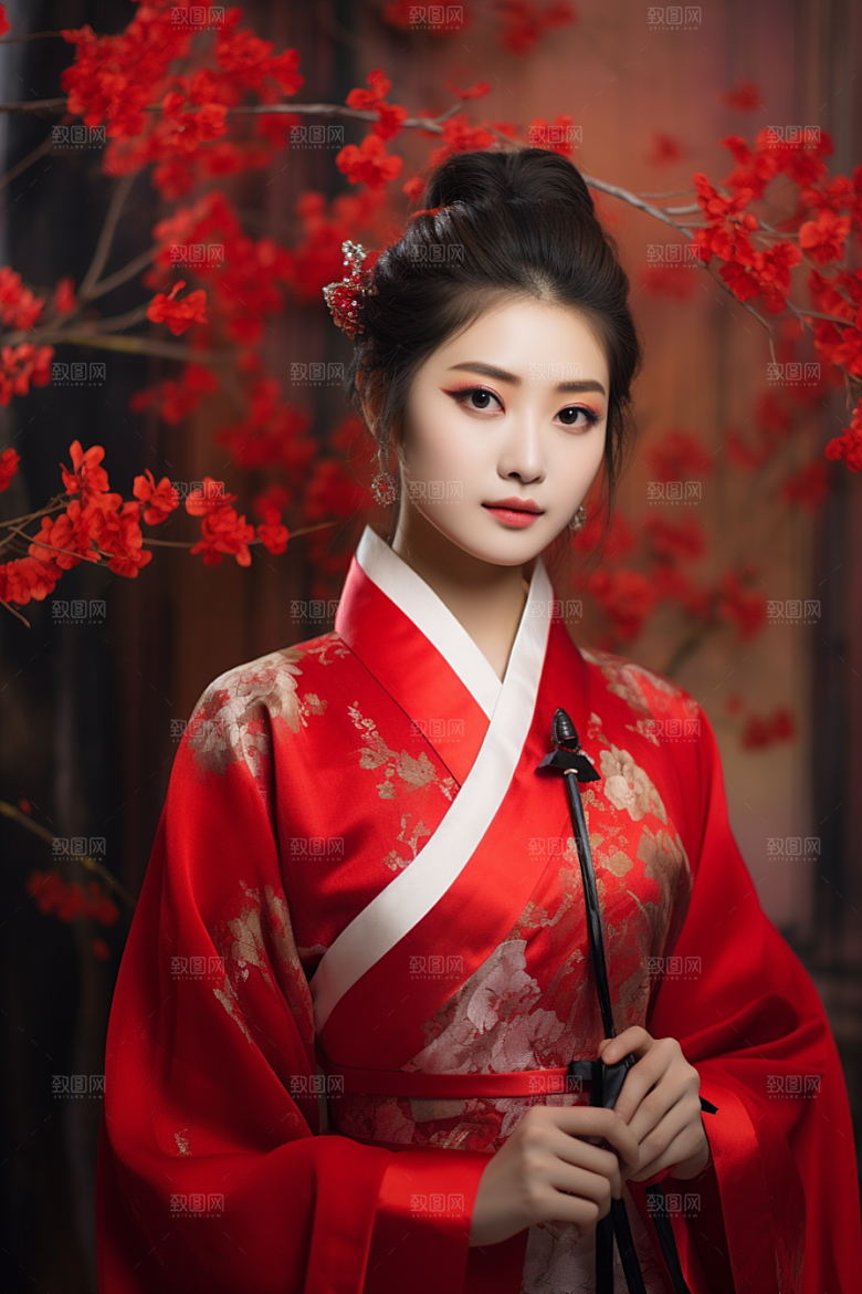 春节汉服女孩红色新春CG