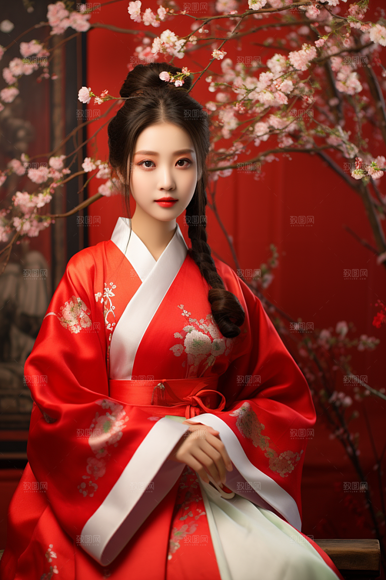 春节汉服女孩春日红色CG
