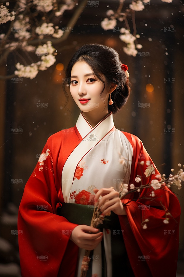 春节汉服女孩红色过年CG