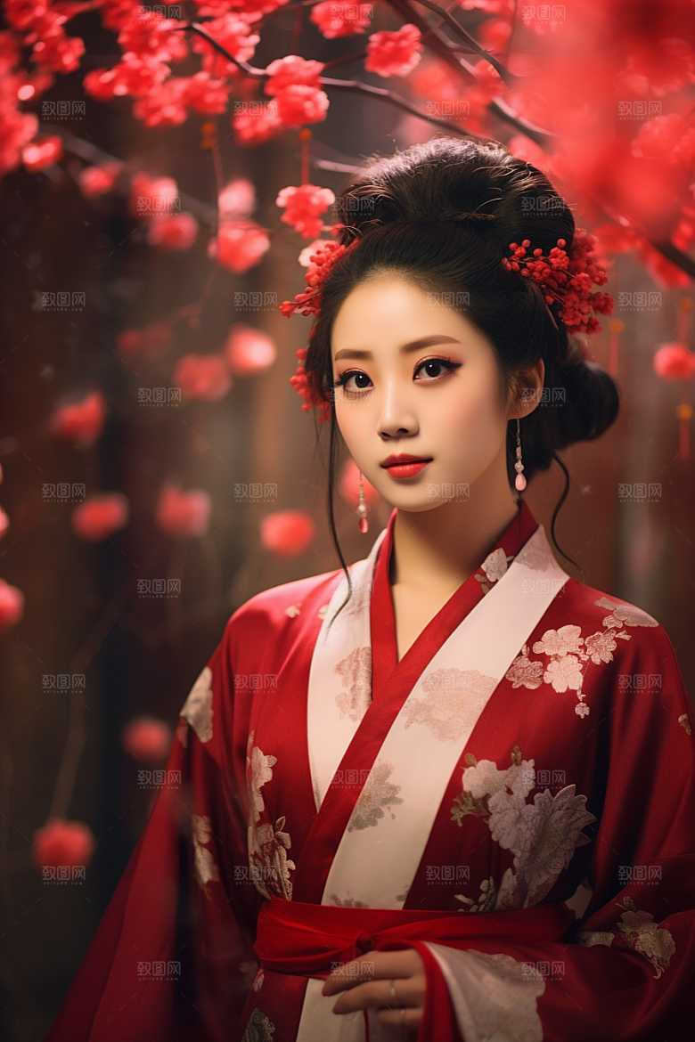 春节汉服女孩传统文化红色CG