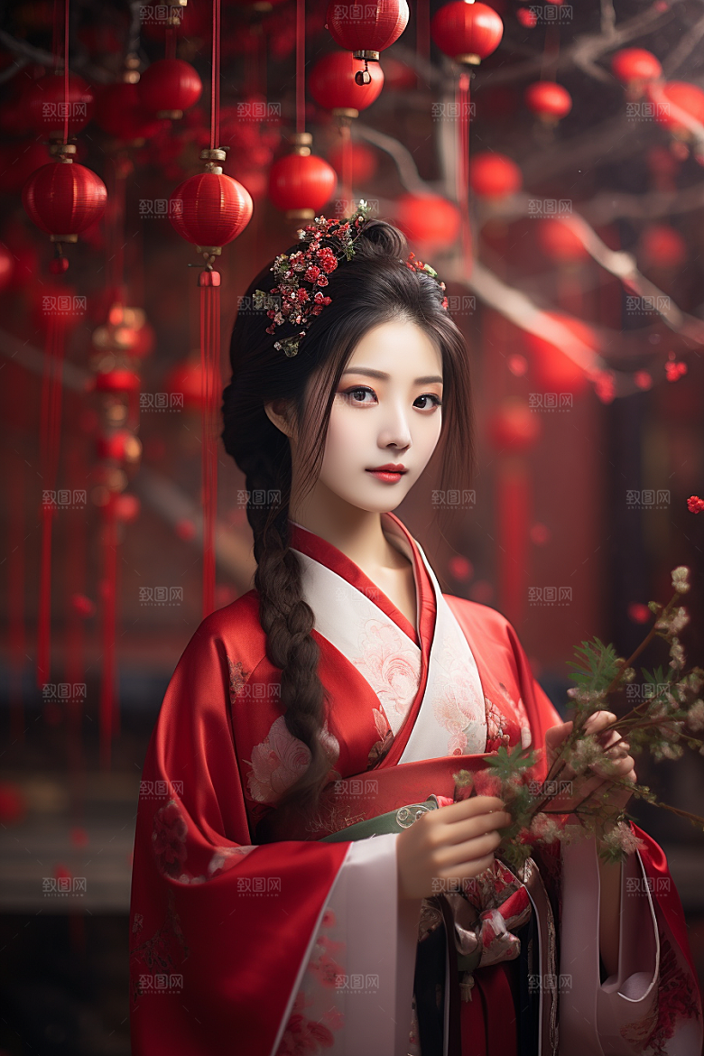 春节汉服女孩红色传统文化CG