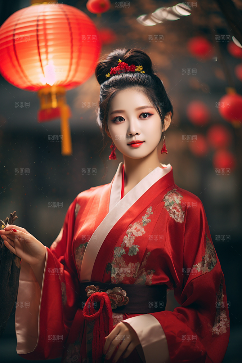 春节汉服女孩红色喜庆CG
