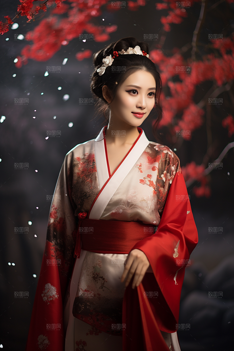 春节汉服女孩红色新春CG