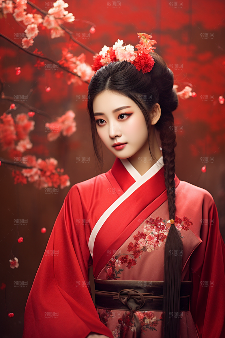 春节汉服女孩红色高清CG