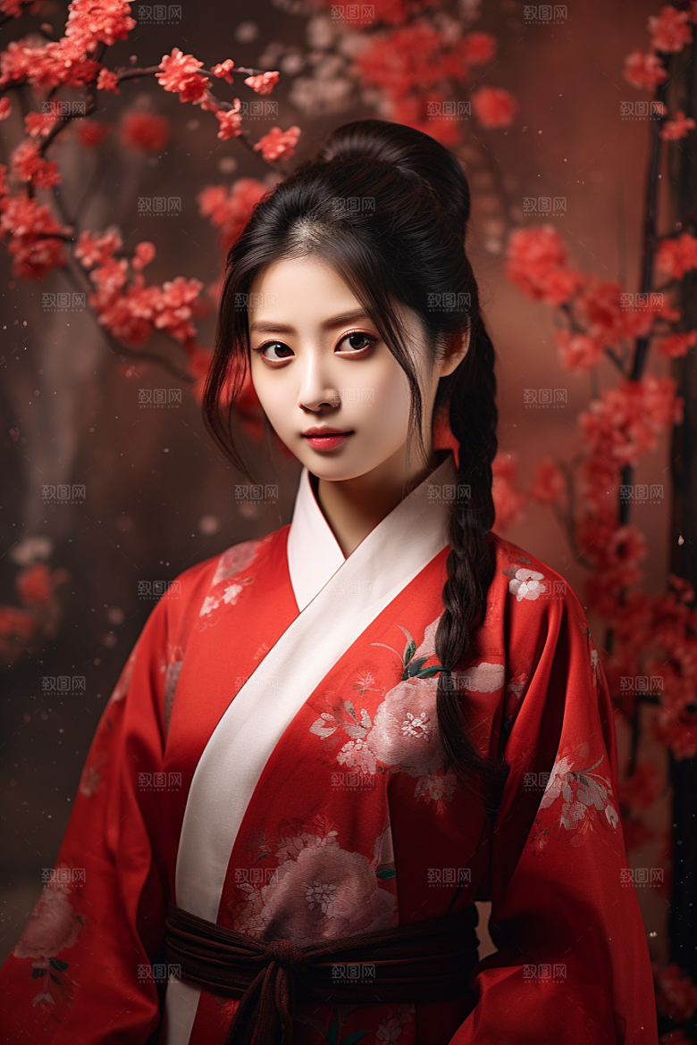 春节汉服女孩红色过年CG