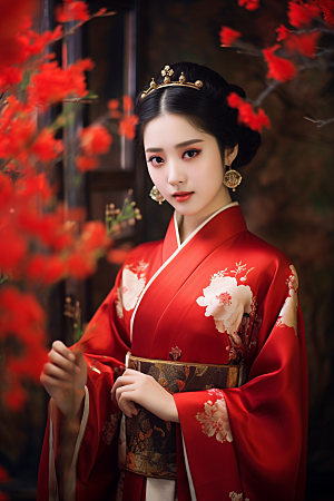 春节汉服女孩红色高清CG