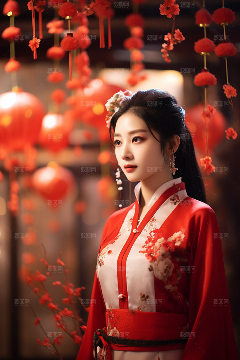 春节汉服女孩过年红色CG