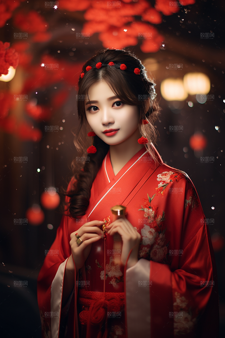 春节汉服女孩红色喜庆CG