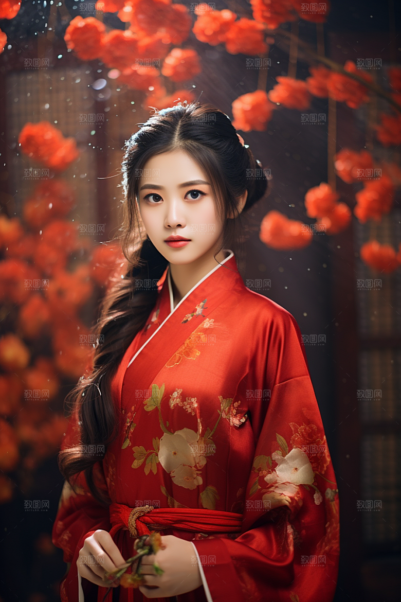 春节汉服女孩高清红色CG