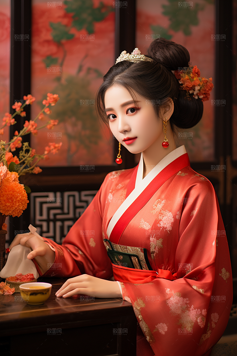 春节汉服女孩红色中国风CG