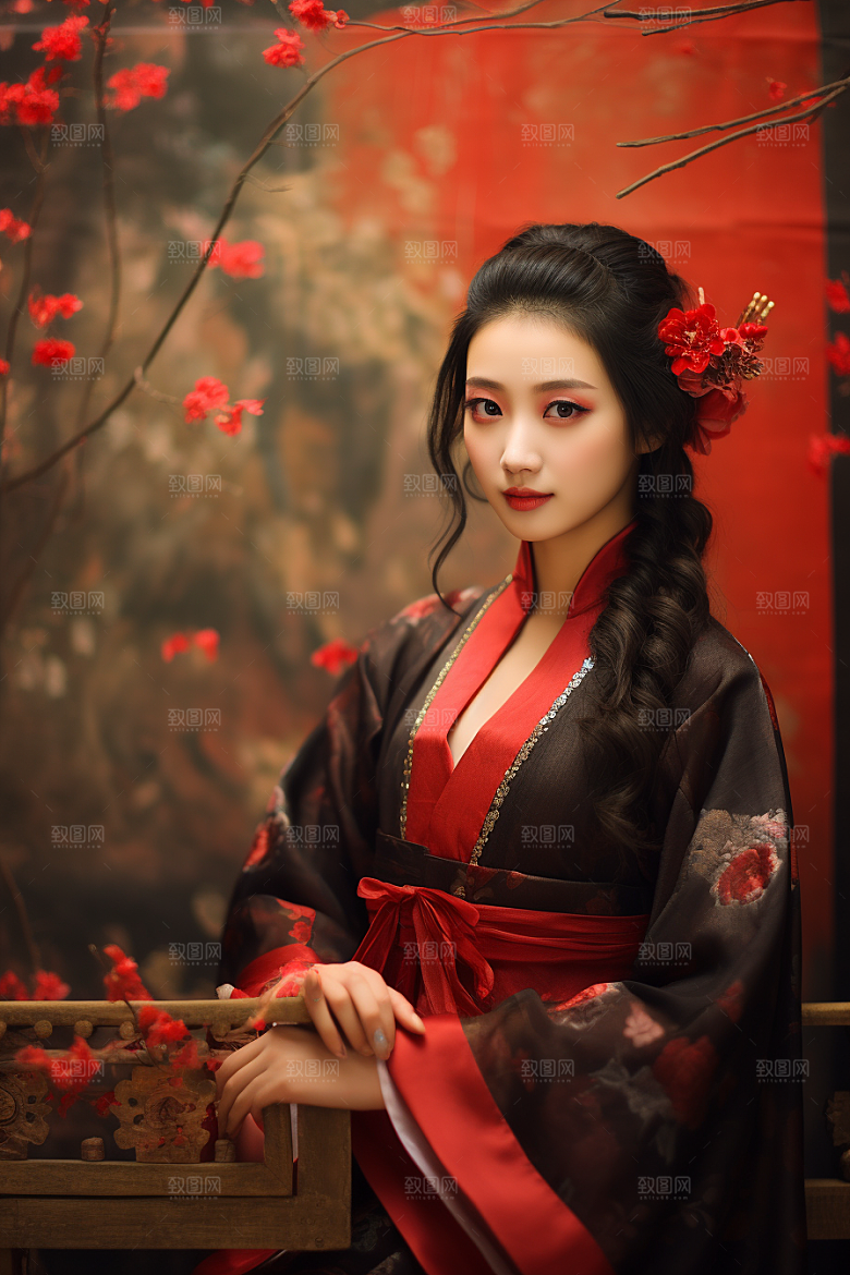 春节汉服女孩中国风红色CG