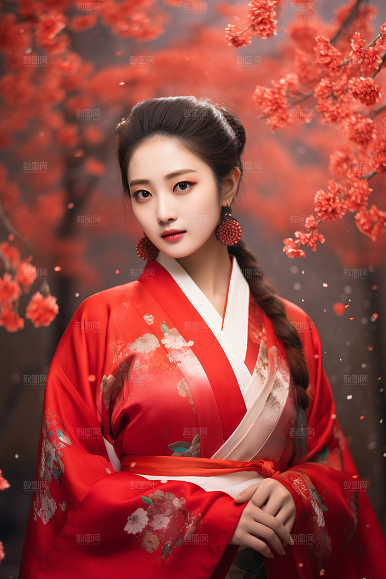 春节汉服女孩红色过年CG