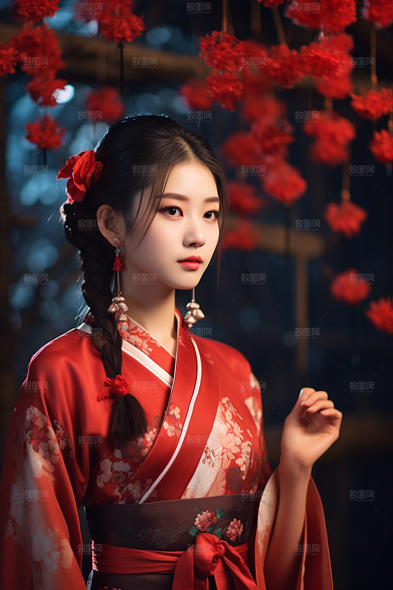春节汉服女孩红色中国风CG