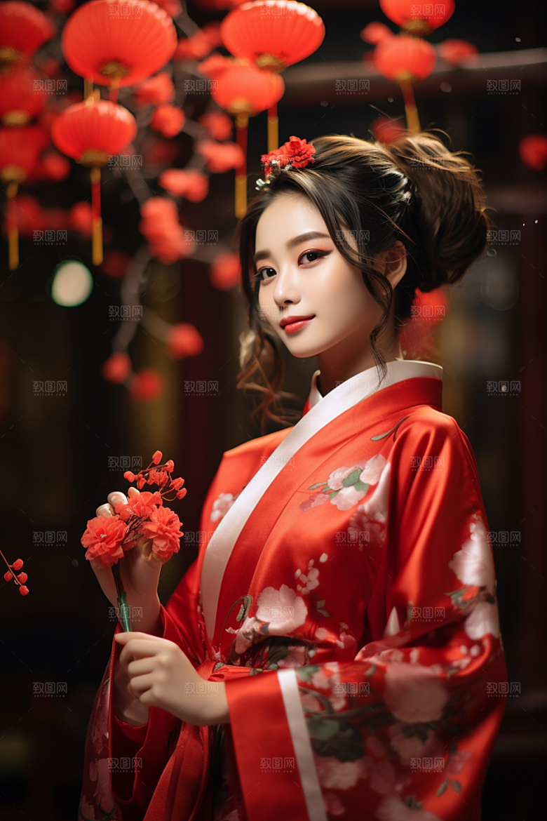 春节汉服女孩红色高清CG