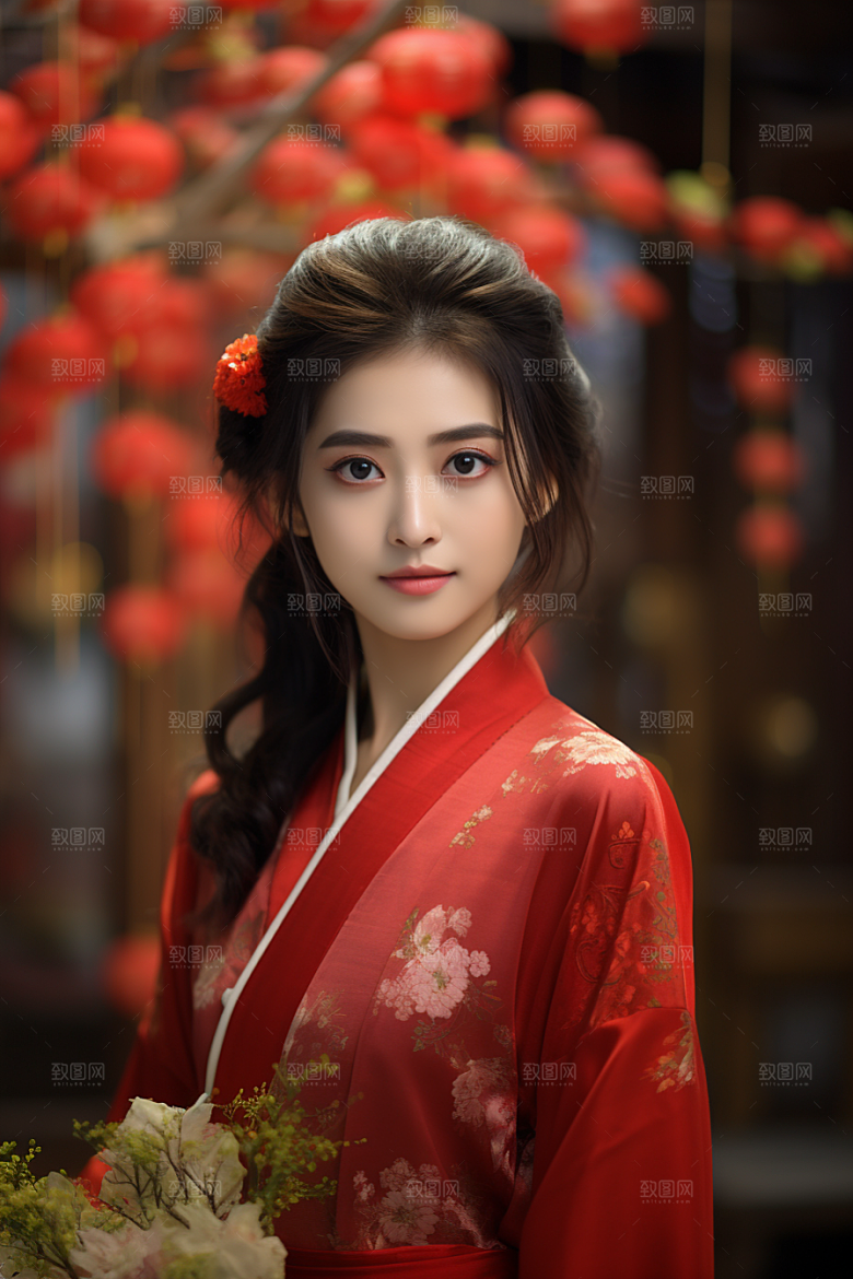 春节汉服女孩喜庆红色CG