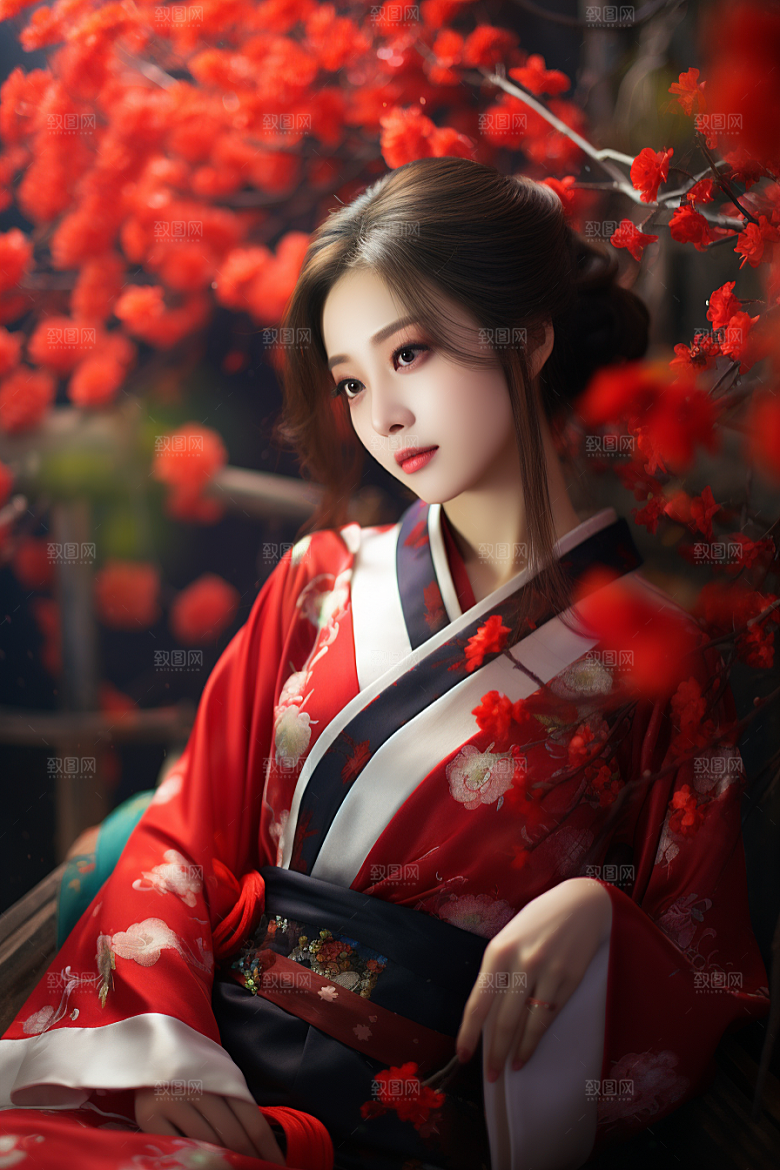 春节汉服女孩中国风红色CG