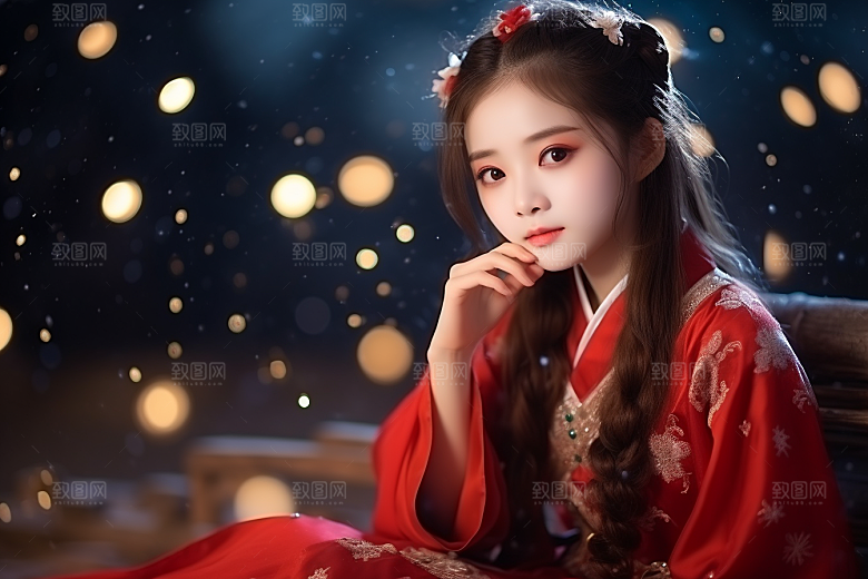 春节汉服女孩红色传统文化CG