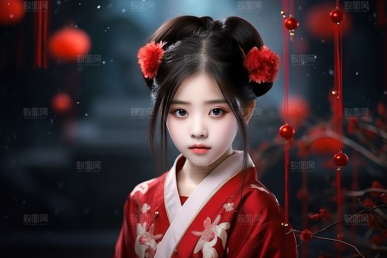 春节汉服女孩传统文化红色CG