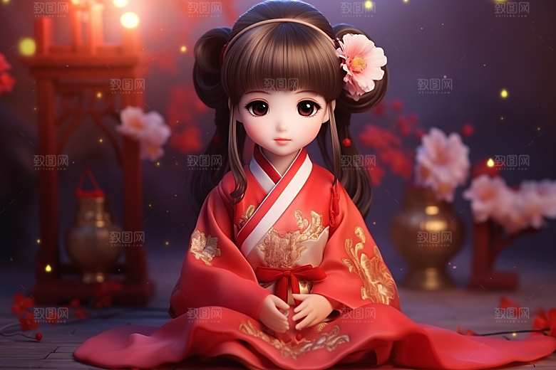 春节汉服女孩红色新春CG