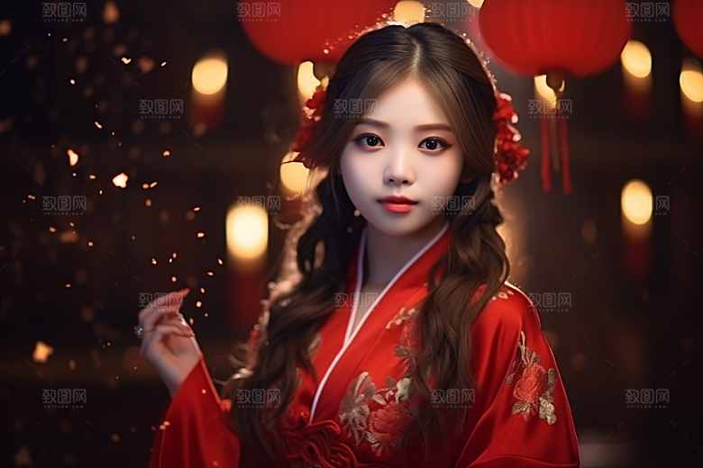 春节汉服女孩红色传统文化CG