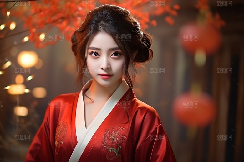 春节汉服女孩红色喜庆CG