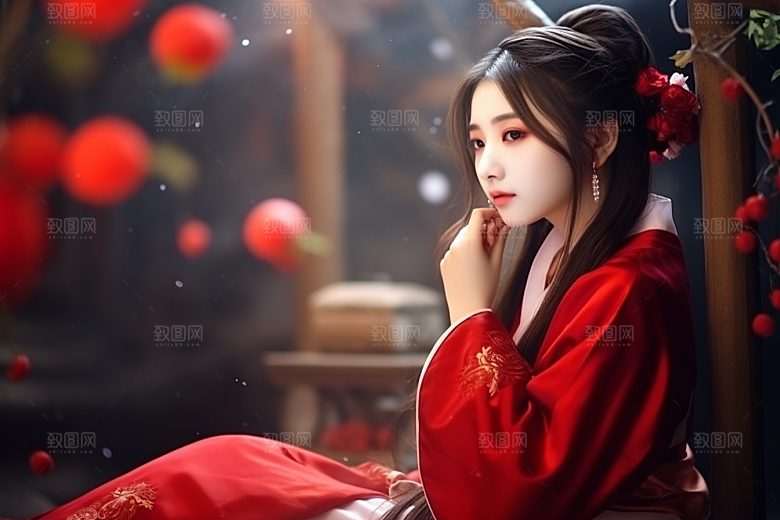 春节汉服女孩喜庆红色CG