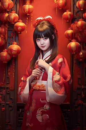 春节汉服红色汉服传统素材