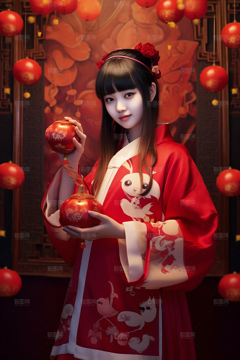 春节汉服喜庆唯美素材