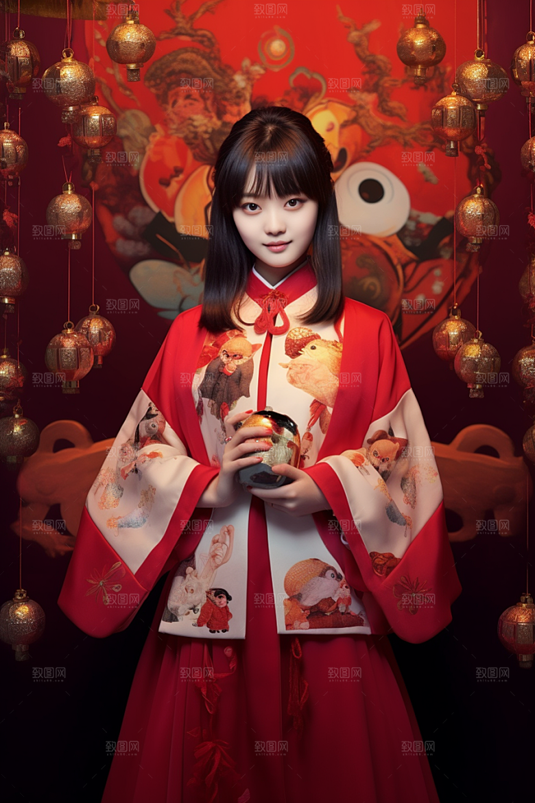 春节汉服红色汉服高清素材