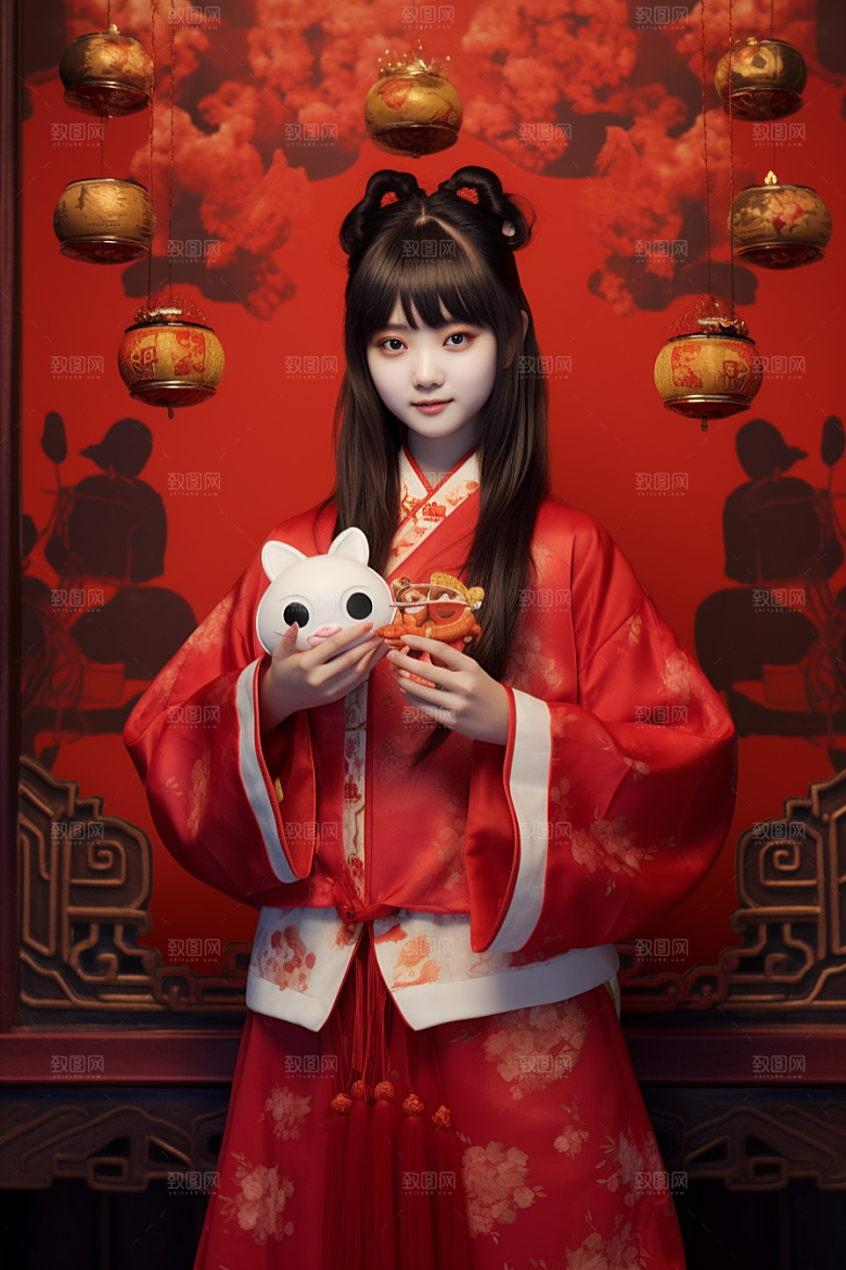 春节汉服春节红色汉服素材