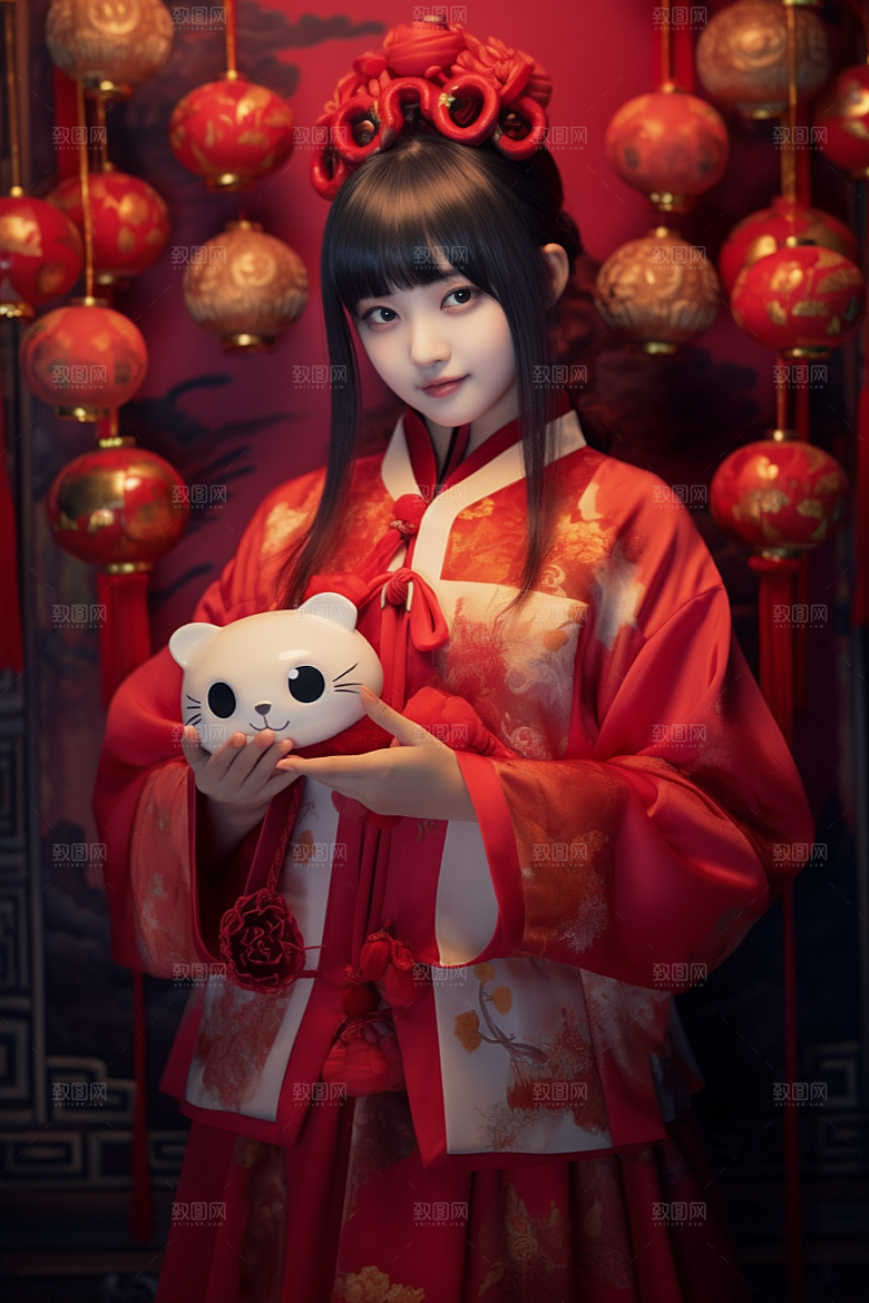 春节汉服红色汉服中国风素材